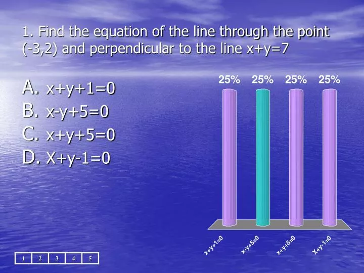 1 find the equation of the line through the point 3 2 and perpendicular to the line x y 7