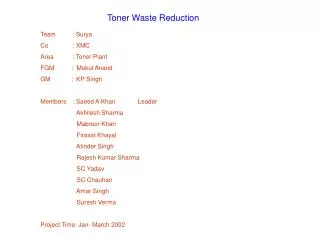 Team 	: Surya Co 	: XMC Area 	: Toner Plant FGM : Mukul Anand