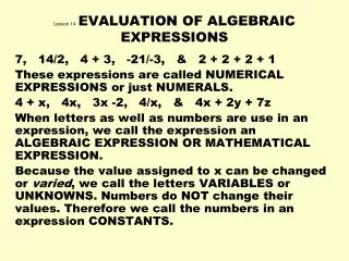 Lesson 14 EVALUATION OF ALGEBRAIC EXPRESSIONS