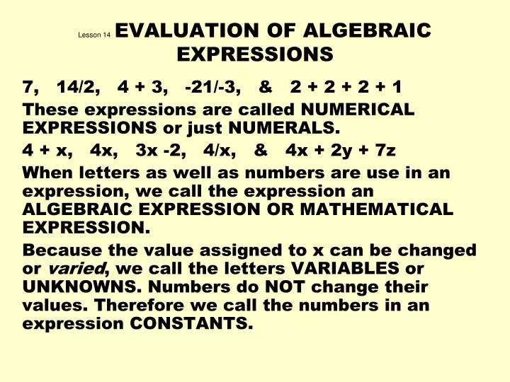 lesson 14 evaluation of algebraic expressions