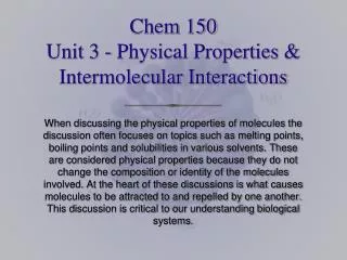 Chem 150 Unit 3 - Physical Properties &amp; Intermolecular Interactions