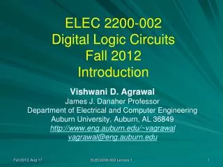 ELEC 2200-002 Digital Logic Circuits Fall 2012 Introduction