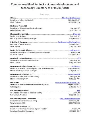 Commonwealth of Kentucky biomass development and technology Directory as of 08/01/2010