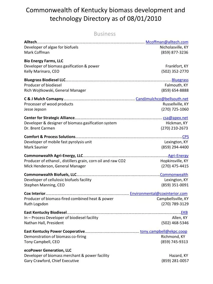 commonwealth of kentucky biomass development and technology directory as of 08 01 2010