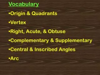 Vocabulary Origin &amp; Quadrants Vertex Right, Acute, &amp; Obtuse Complementary &amp; Supplementary