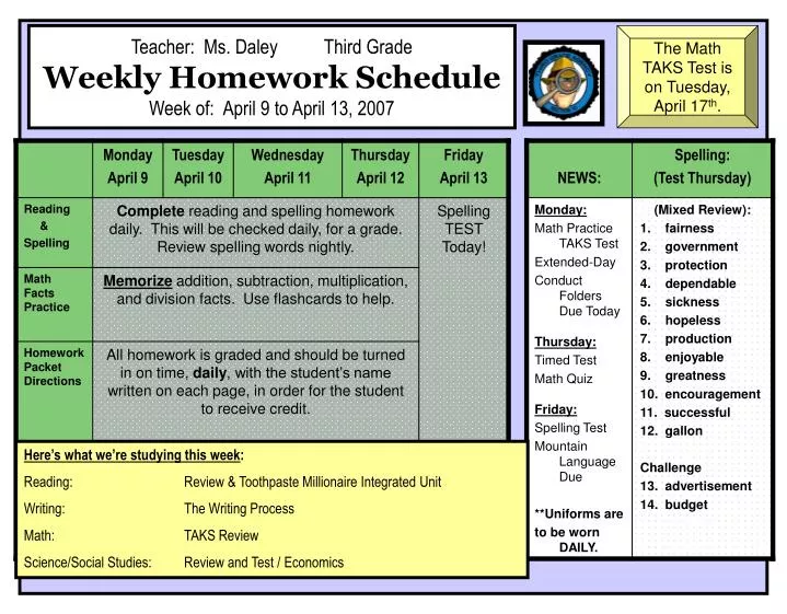 teacher ms daley third grade weekly homework schedule week of april 9 to april 13 2007