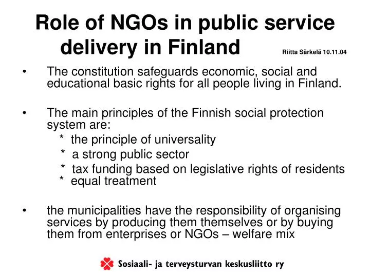 role of ngos in public service delivery in finland riitta s rkel 10 11 04