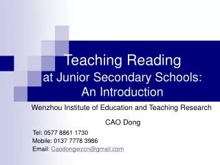 Teaching Reading at Junior Secondary Schools: An Introduction