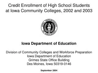 Credit Enrollment of High School Students at Iowa Community Colleges, 2002 and 2003