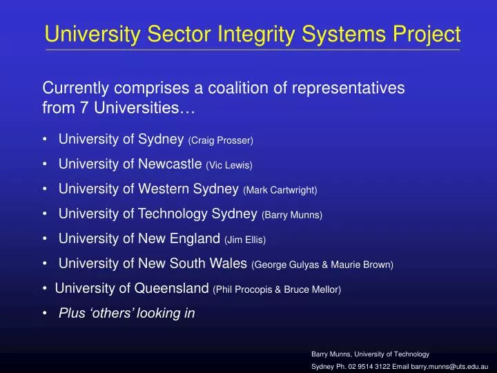 university sector integrity systems project