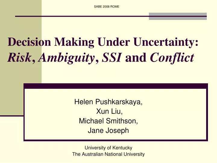 decision making under uncertainty risk ambiguity ssi and conflict
