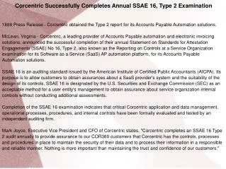 Corcentric Successfully Completes Annual SSAE 16, Type 2 Exa