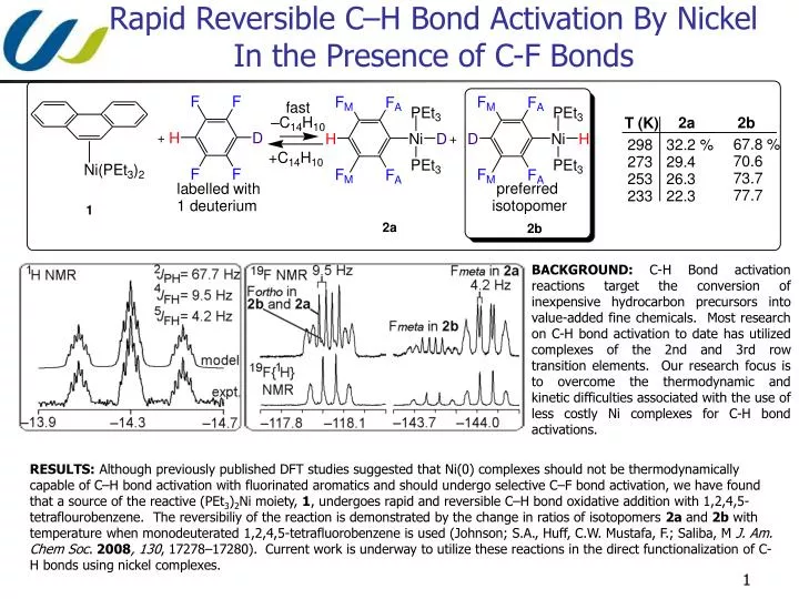 rapid reversible c h bond activation by nickel in the presence of c f bonds