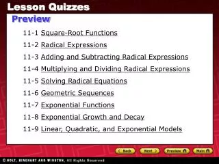 11-1 Square-Root Functions 11-2 Radical Expressions