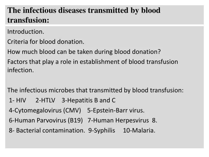 the infectious diseases transmitted by blood transfusion