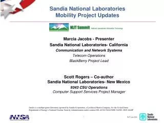 Sandia National Laboratories Mobility Project Updates