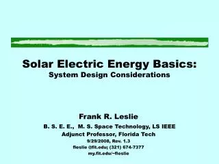 Solar Electric Energy Basics: System Design Considerations