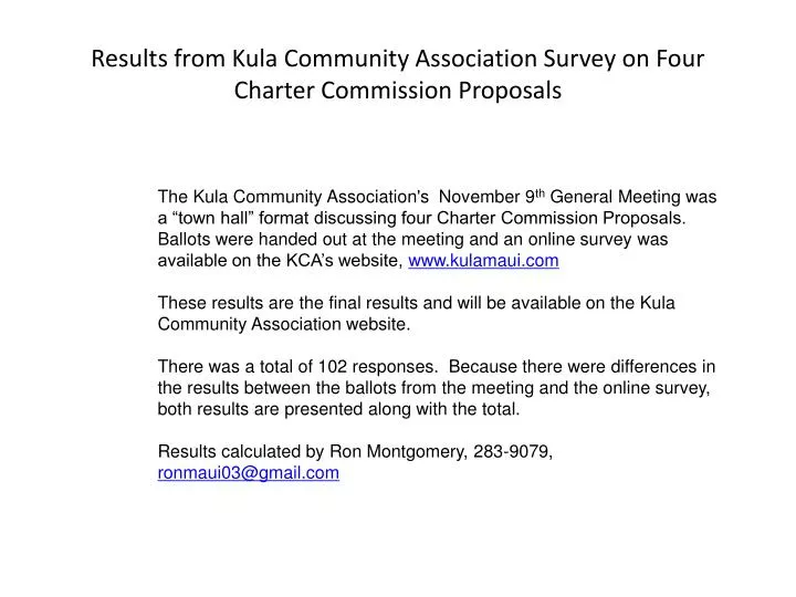 results from kula community association survey on four charter commission proposals