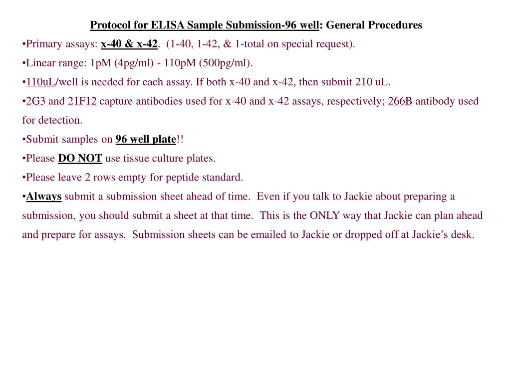 PPT - Protocol for ELISA Sample Submission-96 well : General Procedures ...