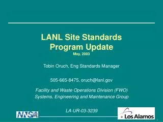 LANL Site Standards Program Update May, 2003