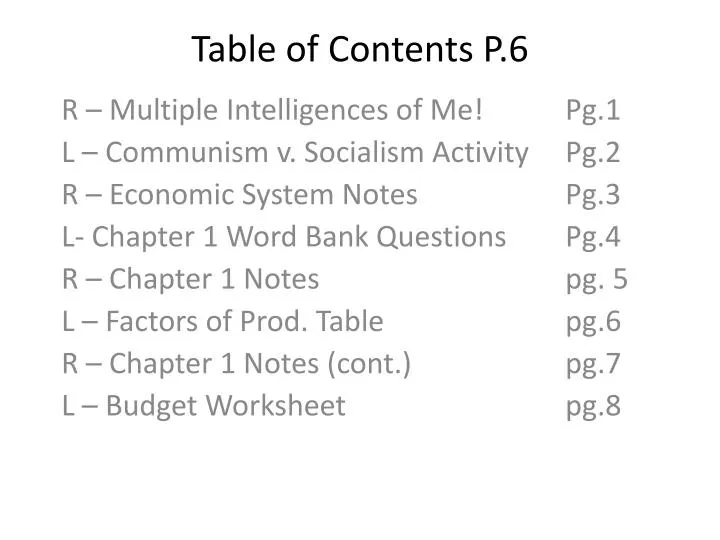 table of contents p 6