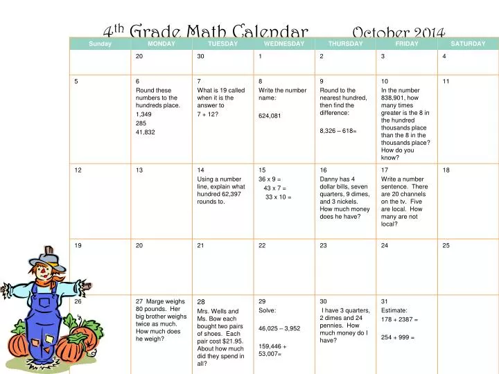4 th grade math calendar october 2014