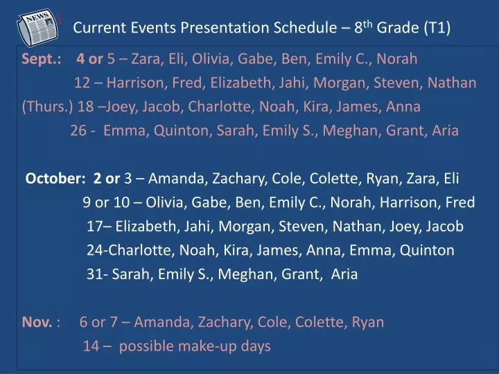 current events presentation schedule 8 th grade t1