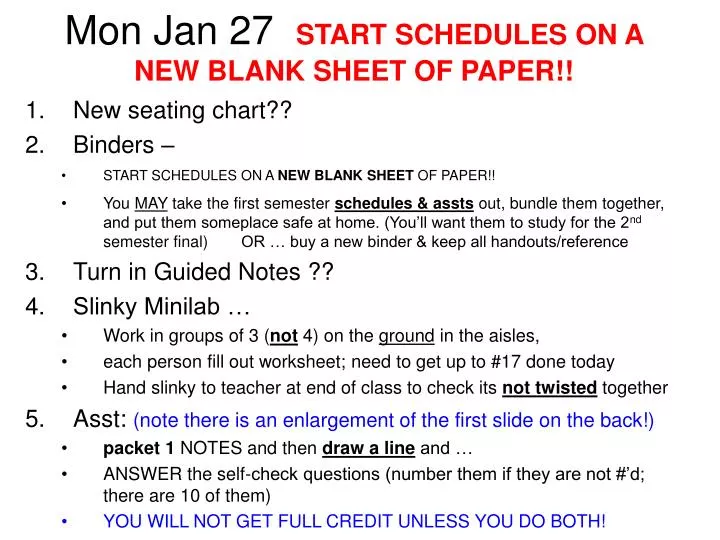 mon jan 27 start schedules on a new blank sheet of paper