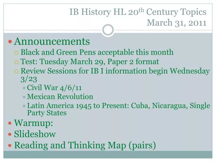 ib history hl 20 th century topics march 31 2011