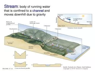 Stream : body of running water that is confined to a channel and moves downhill due to gravity