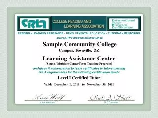 Sample Community College Campus, Townville, ZZ Learning Assistance Center