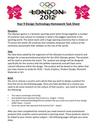 Year 9 Design Technology Homework Task Sheet Situation: