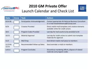 2010 gm private offer launch calendar and check list
