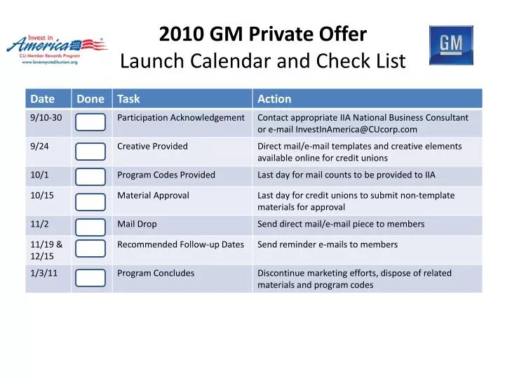 2010 gm private offer launch calendar and check list