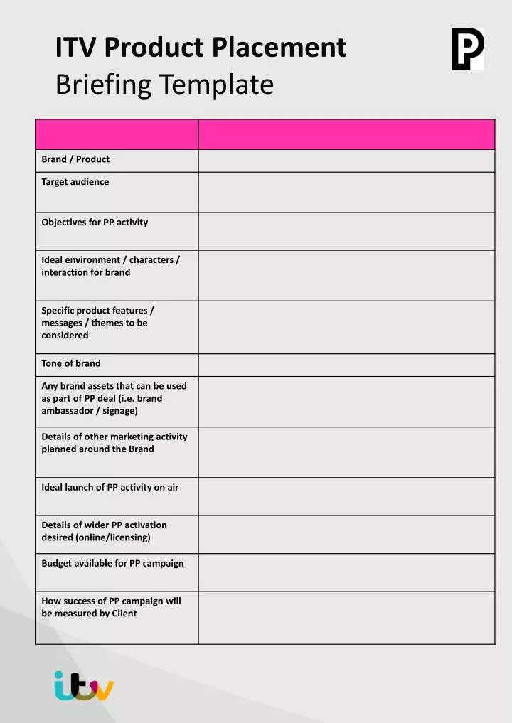 itv product placement briefing template