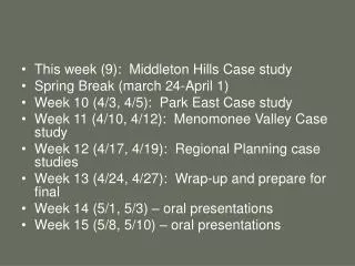 This week (9): Middleton Hills Case study Spring Break (march 24-April 1)