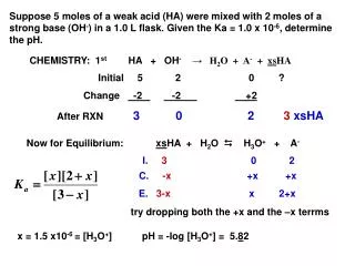 Suppose 5 moles of a weak acid (HA) were mixed with 2 moles of a