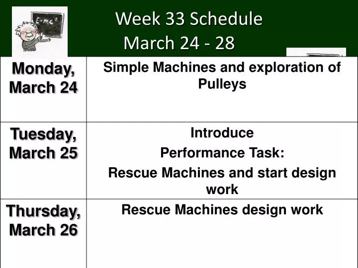 week 33 schedule march 24 28