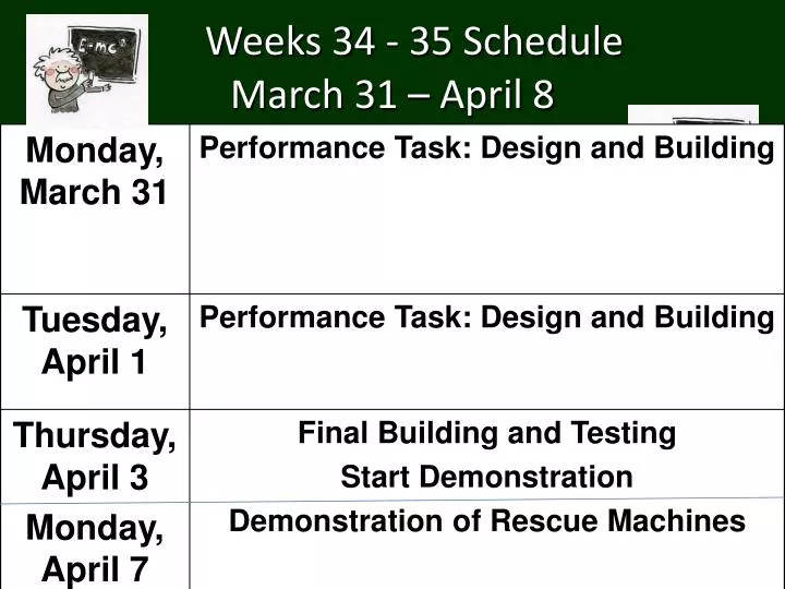 weeks 34 35 schedule march 31 april 8