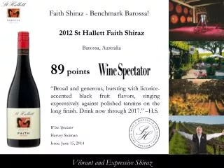 2012 St Hallett Faith Shiraz Barossa, Australia