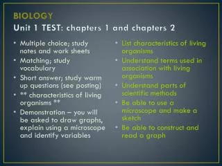 BIOLOGY Unit 1 TEST: chapters 1 and chapters 2