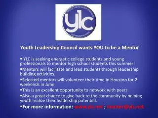 Youth Leadership Council wants YOU to be a Mentor