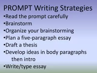 PROMPT Writing Strategies Read the prompt carefully Brainstorm Organize your brainstorming