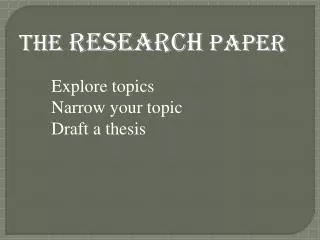 The RESEARCH PAPER Explore topics Narrow your topic Draft a thesis
