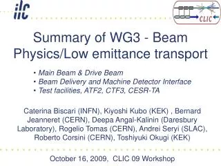 Summary of WG3 - Beam Physics/Low emittance transport