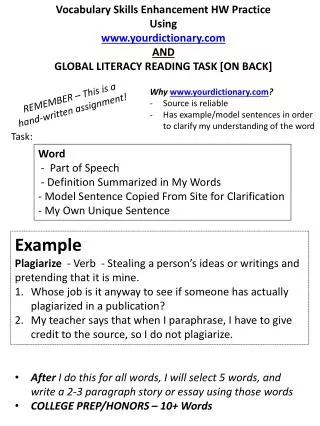 Vocabulary Skills Enhancement HW Practice Using yourdictionary AND