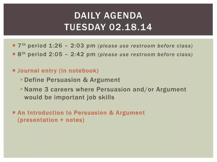 daily agenda tuesday 02 18 14