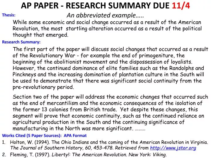 ap paper research summary due 11 4 an abbreviated example