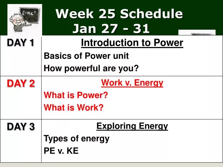 week 25 schedule jan 27 31