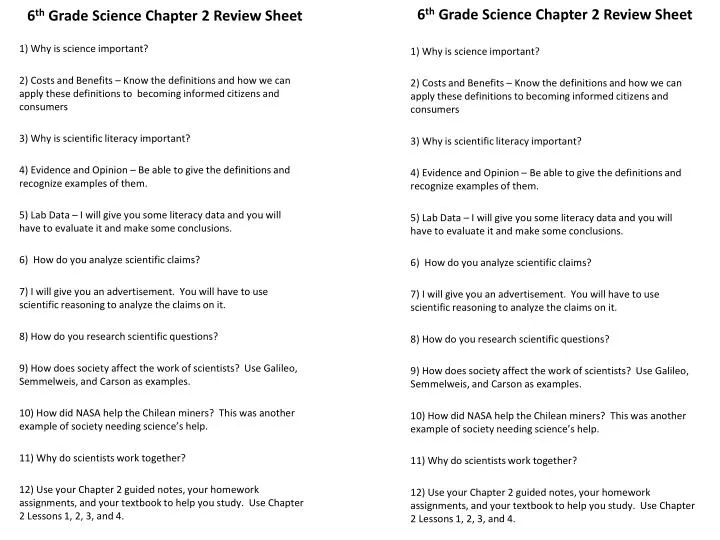 6 th grade science chapter 2 review sheet
